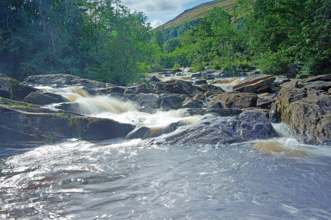 Falls of Dochart flowing through rocks at Killin in Perthshire